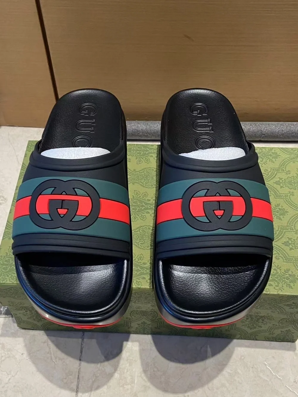 Gucci Black Platform Slides with Red and Green Web